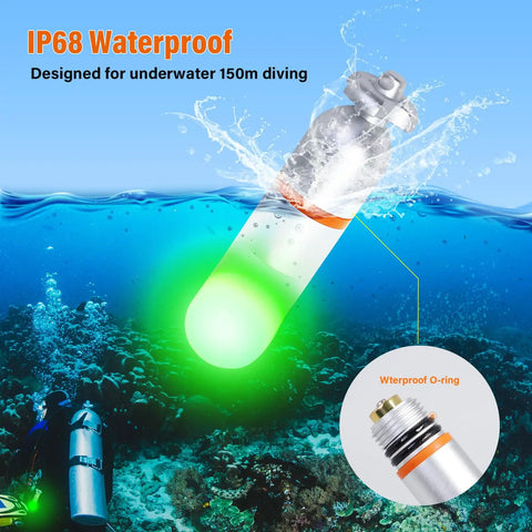 SD01PRO Upgraded Bright Dive Signal Light Submersible Beacon in water, showcasing green LED light and waterproof design