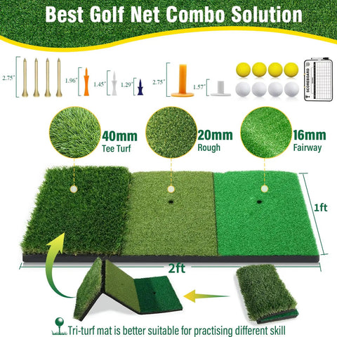 Backyard Golf Net 10x7 Ft With Practice Mat Hitting Aid Net showing tri-turf mat, tees, and balls for driving, chipping.