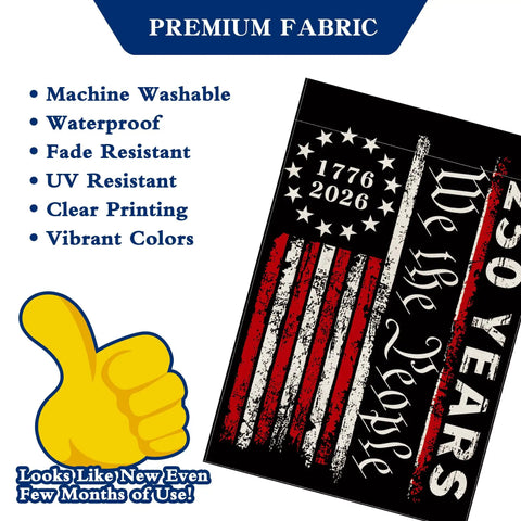 Two Sided 12x18 Inch 250th Anniversary USA Garden Flag Commemorative 1776 2026 We The People Patriotic Banner with features shown