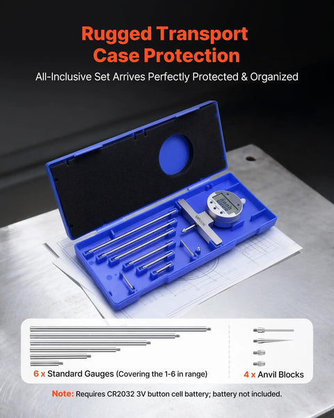 Beast Depth Micrometer Gauge Digital With 0-22 Inch Range 0.0005 Inch Precision And Four Anvils in protective blue case