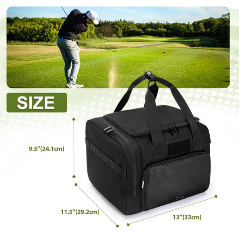 Golf Trunk Organizer Bag With Bottom Shoe Space, Reinforced Structure, Multiple Pockets, black 600D nylon, size dimensions shown
