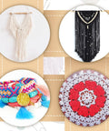 Assorted handmade crafts including woven wall hangings and crocheted designs displayed in a collage.