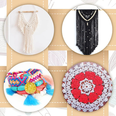 Assorted handmade crafts including woven wall hangings and crocheted designs displayed in a collage.