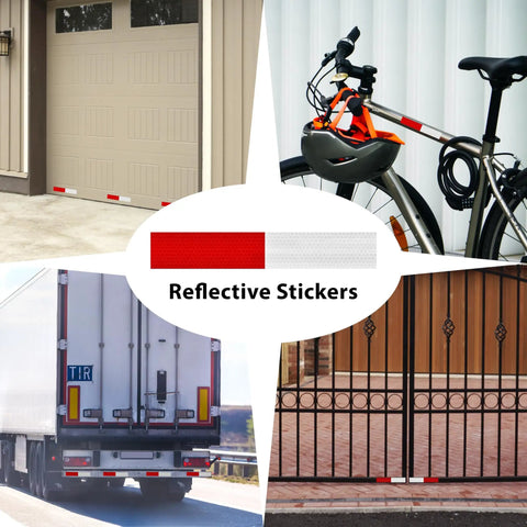 Reflective stickers on garage, bicycle, truck, and gate for enhanced visibility.