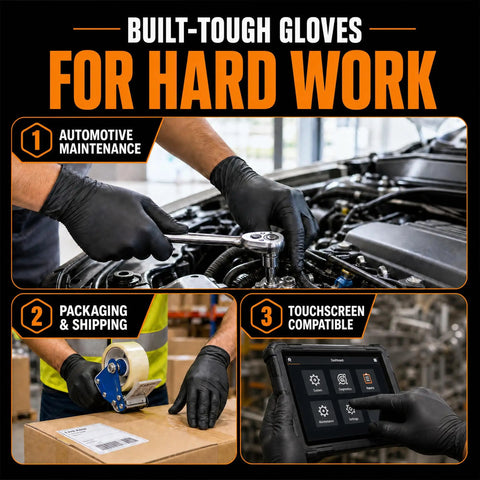 Heavy Duty 7 Mil Black Nitrile Disposable Gloves For Mechanics Built Different Rock Solid Puncture Resistance And Dang Good Grip Packaged In A Slick Dispenser Box used for automotive maintenance tasks.