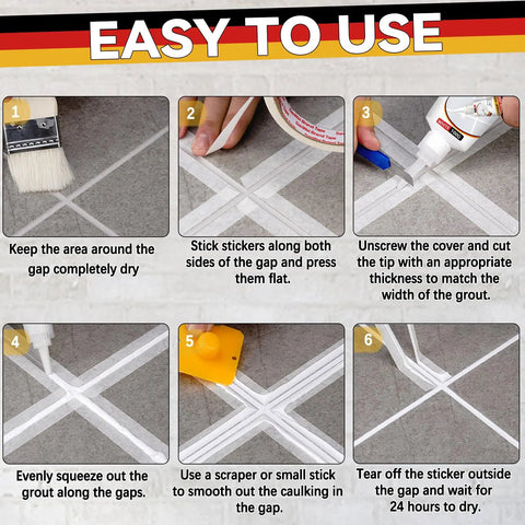 Steps for using Diy Friendly Fast Drying Grout Repair Kit With Sealer For Tile Floors in bathrooms and kitchens.