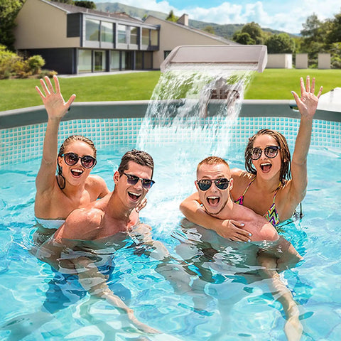 Group enjoying above-ground pool with Adjustable Waterfall Pool Fountain For Above Ground Pools Easy To Install And Fits Various Frame Sizes