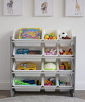 12 Bin Toy Storage Organizer For Kids Playroom, 4-Tier Toy Organizer In Grey And White with colorful toys in bins