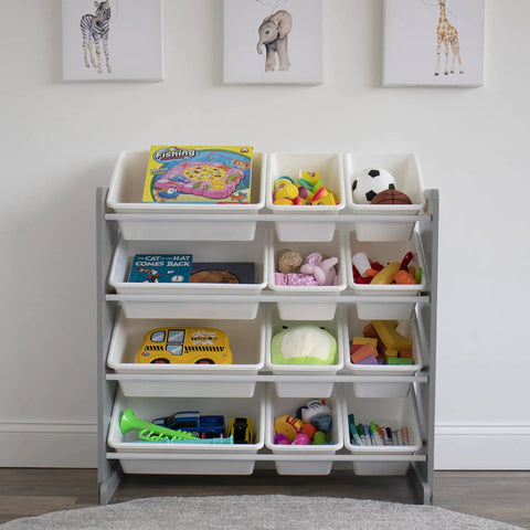 12 Bin Toy Storage Organizer For Kids Playroom, 4-Tier Toy Organizer In Grey And White with colorful toys in bins