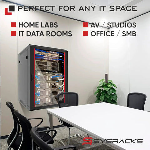 15U Wall Mount Server Rack Cabinet for 19 Inch Network Enclosures with 24 Inch Depth installed in a modern office conference room.