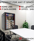 Installed Wall Mount 18U Server Rack Cabinet With 19 Inch Network Enclosure in office, visible cabling and equipment, heavy duty 133 lb load