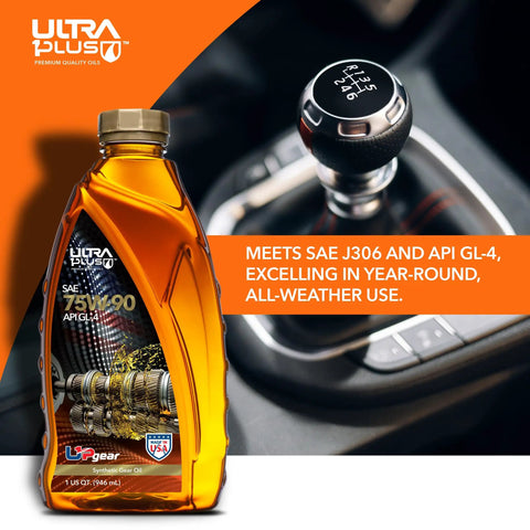 75W-90 Synthetic Gear Oil GL-4 for manual transmissions, transaxles, limited slip differentials 1 gallon container next to gear stick