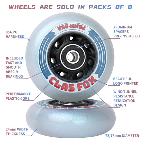 Inline Skate Replacement Wheels with ABEC 9 Bearings and Floating Spacers for 72mm and 76mm Skates 85A Indoor Outdoor