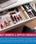 One Wrap Thin Ties Cable Management Straps for Wires and Cords organizing stationery in a desk drawer