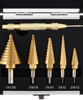 Pro Grade Heavy Duty HSS Titanium Step Drill Bit Set With Automatic Center Punch, tools in aluminum case
