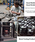 Worker hand welding diamond trapezoid metal bond grinding segments for Lavina Onfloor Edco grinders, pack of 3, 12.5mm thick.