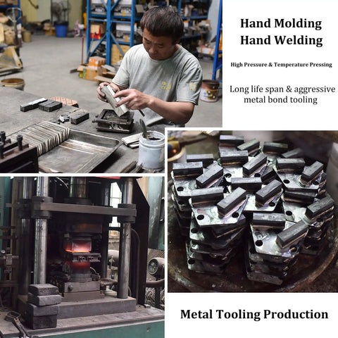 Worker hand welding diamond trapezoid metal bond grinding segments for Lavina Onfloor Edco grinders, pack of 3, 12.5mm thick.