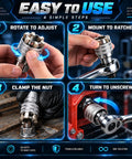 Step-by-step guide for Premium Universal Socket Wrench Set Four Piece Adjustable Multi Jaw Tool in use, including adjustment and clamping.