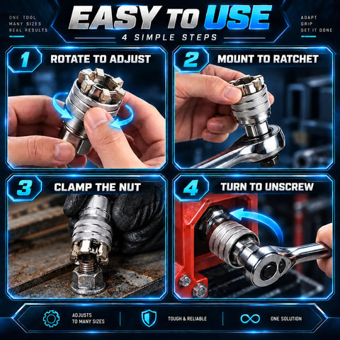 Instructions for using the 2 Pack Self Adjusting Socket Wrench Set, 3/8 Drive Universal Multi Jaw tool, demonstrating adjustments and operation.