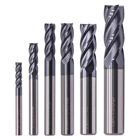 Solid Carbide End Mills Set, 6 Pcs, Diameters 1/8 Inch Through 1/2 Inch, AlTiN Coated, 4 Flute, 30 Degree Helix CNC Router End Mill Bits