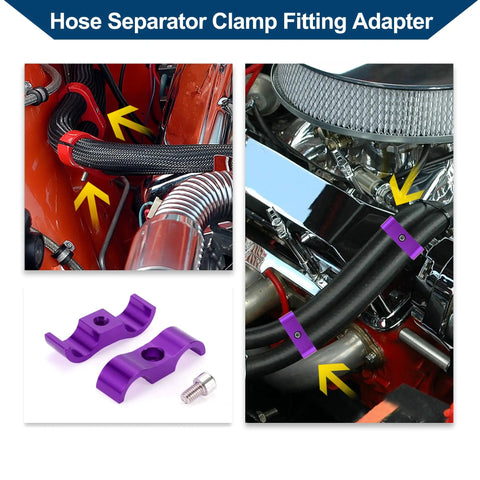 Workhorse An6 Hose Separator Clamps Split Dual Fuel Lines Rock Solid Pipe Divider Adapter Coolant Tubing Organizer 14mm Road Ready Aluminum Alloy 4 Pack Purple in engine bay.