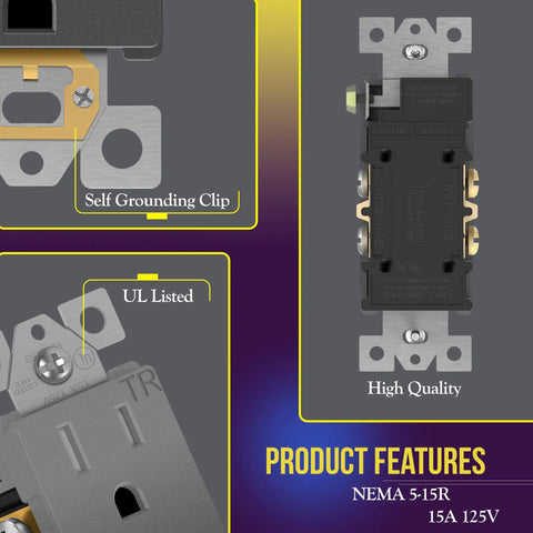 Decorator Receptacle With Kid Safe Tamper Resistant Design Self Grounding 15A 125V Wall Outlet Residential Grade features.