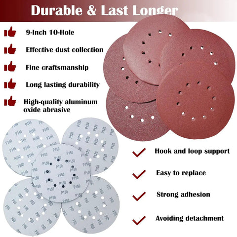 9 Inch Hook And Loop Sanding Discs Set With 10 Hole Design, 60 80 120 150 240 Grit Aluminum Oxide Paper For Drywall Sander