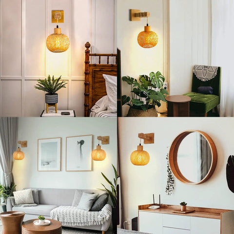 Bamboo Rattan Wall Sconce Lighting For Bedroom And Living Room installed in cozy bedroom, highlighting handmade lampshade.