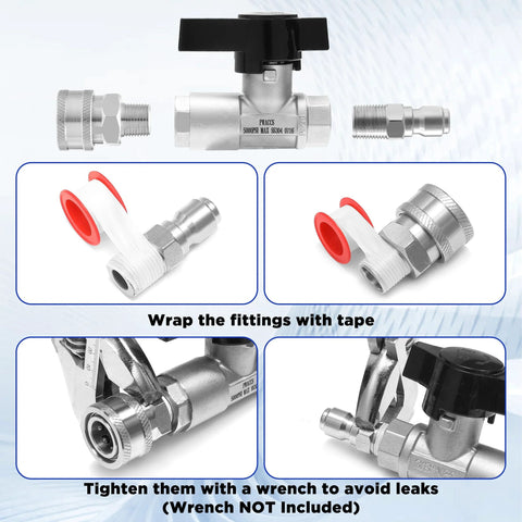 PWACCS ball valve for pressure washer with 3/8 inch quick-connect, stainless steel, front view, black lever, 5000 PSI