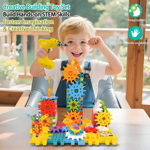 Child playing with STEM Gear Building Toys Set With 248 Pieces And Electric Drill, Kid-Approved Toddler Screw Toy For Kids.