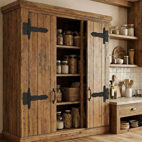 Wooden cabinet with 4 Pack 5 Inch Antique Cast Iron T Hinges With Hardware, Vintage Black Powder Coated Wrought Iron Door Hinges.