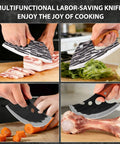 Two Piece Meat Cleaver Knife Set Steel Cleaver And Viking Style Boning Knife demonstrating multi-functional use in kitchen prep