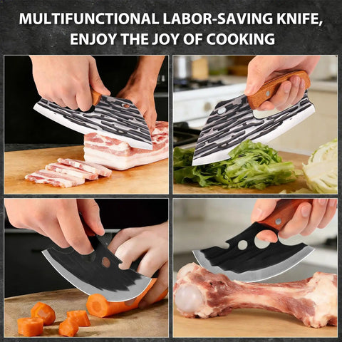 Two Piece Meat Cleaver Knife Set Steel Cleaver And Viking Style Boning Knife demonstrating multi-functional use in kitchen prep