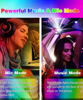 Collage showing music and mic modes for Two Rolls Of 65.6 Ft Color Changing LED Strip Lights, 130 Ft Total, Music Sync RGB Vibe Lighting.