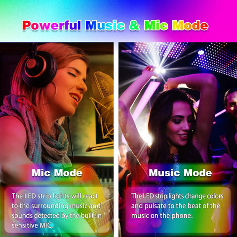 Collage showing music and mic modes for Two Rolls Of 65.6 Ft Color Changing LED Strip Lights, 130 Ft Total, Music Sync RGB Vibe Lighting.