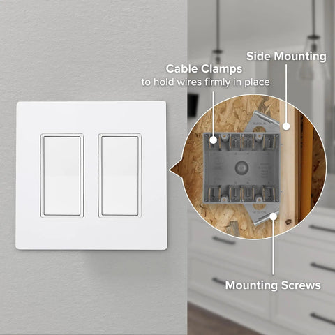 2-Gang Non-Metallic PVC New Construction Junction Box With 32.5 Cu In Capacity For Outlets, Switches And Dimmers, mounted on wall