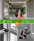 Heavy Duty Dual Laser Distance Meter Serving Up A Solid 395 Foot Range With Slick Phone App Sync And Quick USB C Charge For Contractors And DIY Crews Expecting Rock Solid Tool Performance All Day Long, showing accurate measurement display in use.