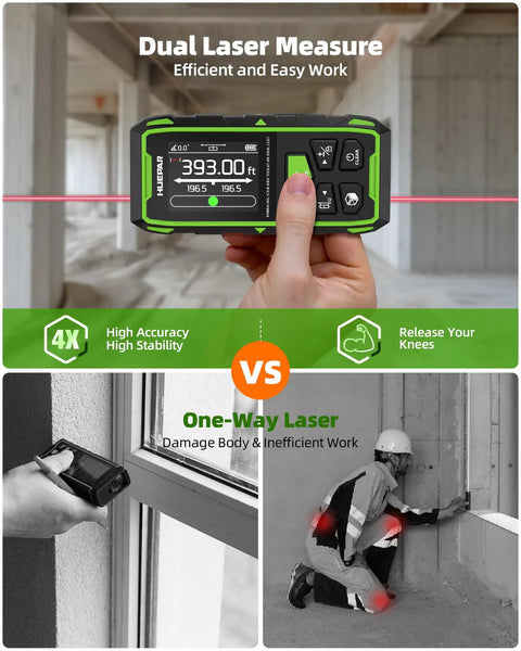 Heavy Duty Dual Laser Distance Meter Serving Up A Solid 395 Foot Range With Slick Phone App Sync And Quick USB C Charge For Contractors And DIY Crews Expecting Rock Solid Tool Performance All Day Long, showing accurate measurement display in use.