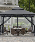 Sturdy 10x12 Patio Gazebo with outdoor steel frame and mosquito netting for lawn, backyard, garden or deck, dark gray shelter.