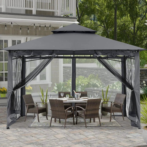 Sturdy 10x12 Patio Gazebo with outdoor steel frame and mosquito netting for lawn, backyard, garden or deck, dark gray shelter.