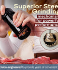 Unicorn Pepper Mill By Tre Spade Premium Kickin Manual Pepper Grinder with steel burrs grinding pepper over meat