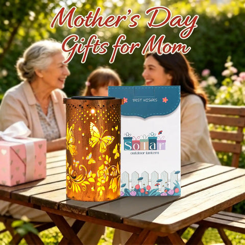 Outdoor Solar Lanterns Hanging Light With Butterfly Pattern Waterproof Led Garden Decor For Patio Yard Lawn And Front Porch Cozy Warm Glow Perfect Gift For Women Mom Grandma Great Holiday Gift Ideas For Christmas Thanksgiving And Birthday beside gift box on table