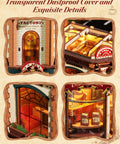 Dream Coffee Factory Mechanical 3D Wooden Puzzle Kit with LED lights, featuring detailed scenes like the factory door and interior.