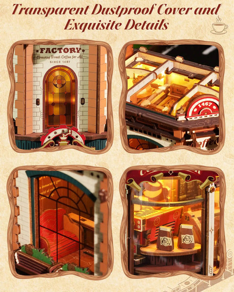 Dream Coffee Factory Mechanical 3D Wooden Puzzle Kit with LED lights, featuring detailed scenes like the factory door and interior.