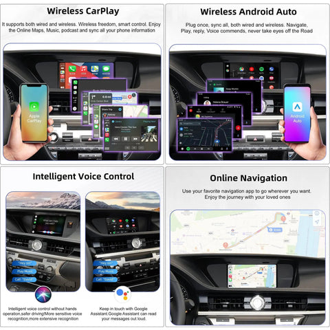 Wireless CarPlay Android Auto Adapter For Lexus ES NX IS RX CT 2014 2017 With Dual Band WiFi Two Point Four G Five Point Eight G Bluetooth 5.0 GPS Decoder And Plug And Play Retrofit Kit showing interface and features on car display