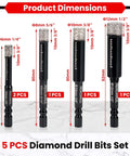 REKCKRUL 5-pack diamond drill bits set with hex shanks, front view showing assorted 6–12 mm bits