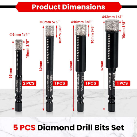 REKCKRUL 5-pack diamond drill bits set with hex shanks, front view showing assorted 6–12 mm bits
