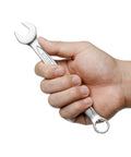 Hand holding Nine Sixteen Inch Combination Wrench Set Twelve Pack With 12 Point Box End Chrome Vanadium Steel Industrial Grade