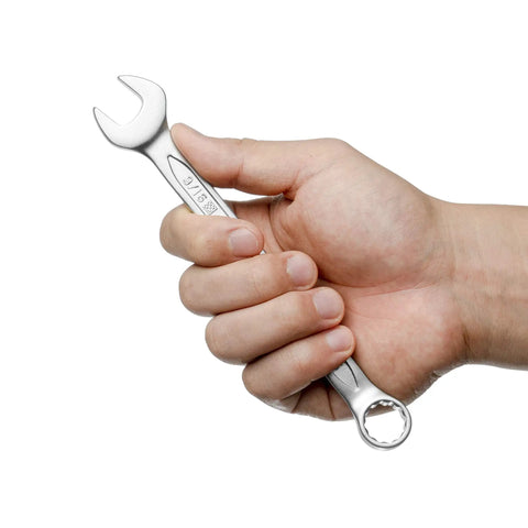 Hand holding Nine Sixteen Inch Combination Wrench Set Twelve Pack With 12 Point Box End Chrome Vanadium Steel Industrial Grade