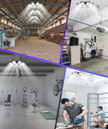 240W LED Garage Light 2 Pack With 8 Deformable Panels, 24000 Lumens Daylight 6500K Shop Ceiling Light installed in various settings
